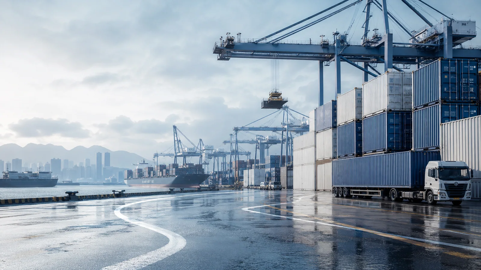 A container terminal with gantry cranes, stacked containers and a waiting truck.