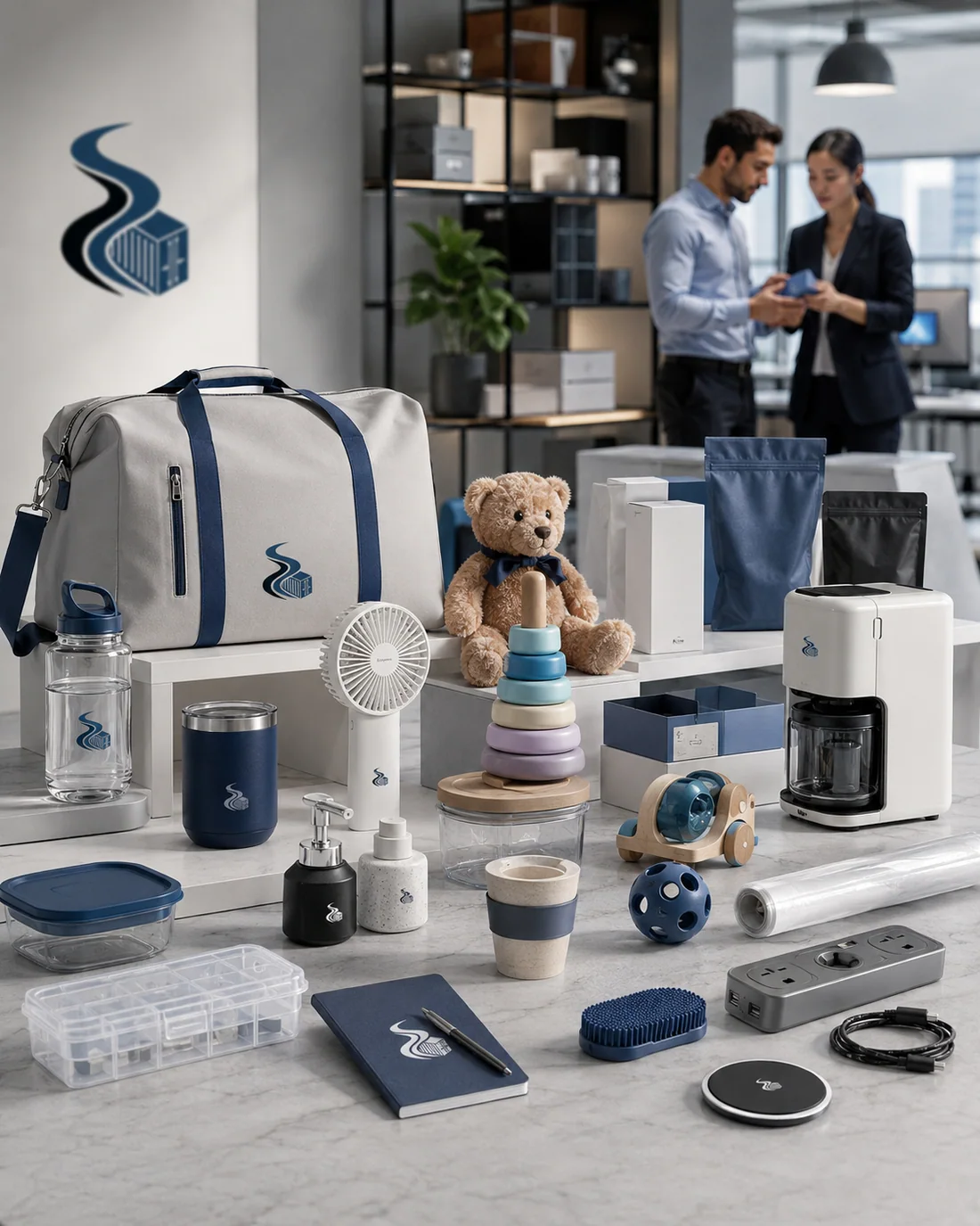 An assortment of sourced products — a bag, a soft toy, bottles, packaging, a small appliance and components.