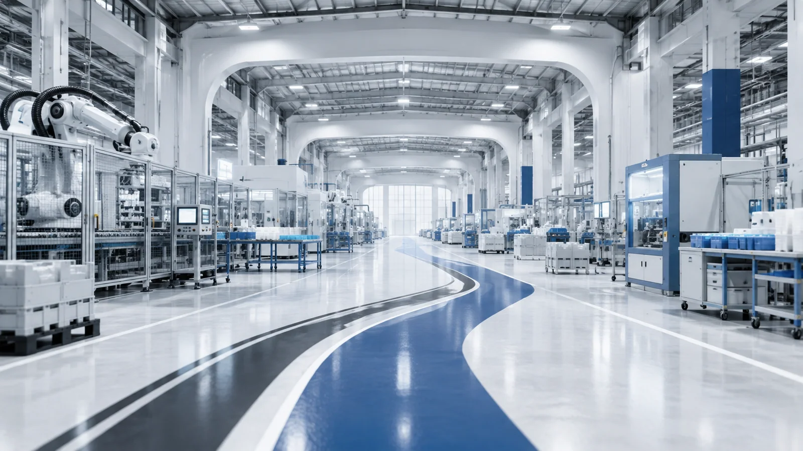 A bright Chinese production hall with the GUSR road running along the factory floor.